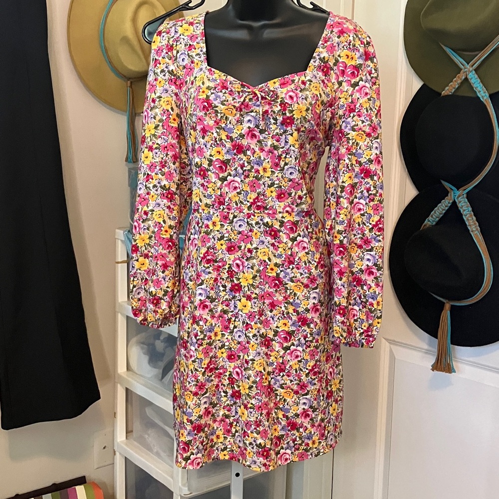 LOFT Pink & Yellow Floral Square-Neck Long Sleeve  Dress